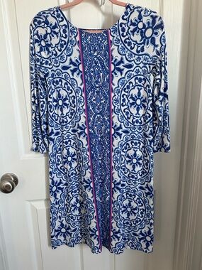 Lilly Pulitzer Blue and White Printed Long Sleeve Dress with Pink Trim